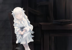 Rule 34 | 1girl, black ribbon, book, chair, clae (exclaebur), closed eyes, commentary, dress, ender lilies quietus of the knights, english commentary, expressionless, indoors, lily (ender lilies), long hair, own hands together, ribbon, signature, sitting, solo, table, white dress, white hair