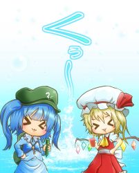 Rule 34 | &gt; &lt;, 2girls, :3, :d, absurdres, ascot, backpack, bag, blood, blood from mouth, chamaji, chamawatari, chibi, cucumber, drink, closed eyes, fang, flandre scarlet, glass, hand on own hip, hat, highres, holding, kawashiro nitori, key, mob cap, multiple girls, open mouth, side ponytail, smile, touhou, two side up, wings, x3, xd