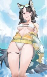 Rule 34 | 1girl, :d, animal ears, arknights, arms behind back, bare shoulders, bikini, black hair, blush, braid, breasts, clothes pull, dog ears, dog girl, eyewear on head, from below, gluteal fold, gnai, groin, happy, highres, holding, holding swim ring, holster, innertube, jacket, jacket pull, leaning back, long hair, looking at viewer, medium breasts, midriff, navel, off shoulder, open mouth, outdoors, partially unzipped, saga (arknights), single braid, skindentation, slit pupils, smile, solo, strapless, strapless bikini, sunglasses, swim ring, swimsuit, thigh holster, thigh strap, thighs, underboob, very long hair, white bikini, yellow eyes, yellow jacket