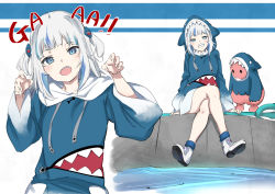 Rule 34 | 1girl, animal costume, animal hood, blue eyes, blue hair, blue hoodie, blue socks, blunt bangs, commentary, crossed legs, fall guy, fall guys, gawr gura, gawr gura (1st costume), hair ornament, highres, hololive, hololive english, holomyth, hood, hoodie, long sleeves, medium hair, multicolored hair, open mouth, polearm, shark costume, shark girl, shark hair ornament, shark hood, sharp teeth, shoes, silver hair, simple background, sitting, sneakers, socks, sound effects, streaked hair, symbol-only commentary, tashiro tetsuya, teeth, trident, two-tone hair, two side up, virtual youtuber, water, weapon, white footwear, wide sleeves