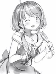 Rule 34 | 1girl, :d, ahoge, blush, bracelet, crescent, crescent necklace, dress, greyscale, highres, himemori luna, himemori luna (sundress), hololive, jewelry, looking at viewer, low twintails, monochrome, nanashi (nlo), necklace, one eye closed, open mouth, simple background, smile, solo, twintails, upper body, virtual youtuber, white background