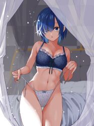 Rule 34 | 1girl, bed, bedroom, black bra, blue eyes, blue hair, bow, bow bra, bow panties, bra, breasts, commentary, cowboy shot, crotch seam, curtains, dousoshin, female focus, frilled bra, frills, grey panties, hair ornament, hair over one eye, indoors, lace, lace-trimmed bra, lace trim, looking at viewer, matching hair/eyes, medium breasts, mismatched underwear, navel, panties, parted lips, re:zero kara hajimeru isekai seikatsu, rem (re:zero), short hair, side-tie panties, solo, standing, string panties, thigh gap, underwear, underwear only, untied panties, untying, x hair ornament
