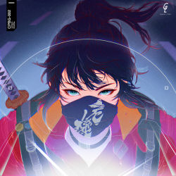 Rule 34 | 1girl, black hair, choker, covered mouth, floating hair, green eyes, highres, looking at viewer, mask, mouth mask, original, park junkyu, ponytail, portrait, short hair, solo, sword, weapon, weapon on back