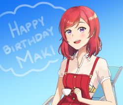 Rule 34 | 1girl, artist name, artist request, blouse, blush, collared shirt, female focus, good galaxy, hair between eyes, looking at viewer, love live!, love live! school idol festival, love live! school idol project, nishikino maki, overalls, purple eyes, red hair, red overalls, see-through, see-through sleeves, shirt, short hair, short sleeves, smile, solo, white shirt