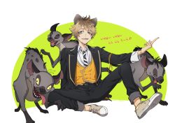 Rule 34 | 1boy, animal ears, banzai (the lion king), blue eyes, brown hair, ed (the lion king), hair between eyes, hyena, hyena boy, hyena ears, long sleeves, looking at viewer, male focus, middle finger, ruggie bucchi, school uniform, shenzi, simple background, sitting, smile, smskt 25, solo, the lion king, twisted wonderland