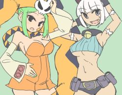 Rule 34 | 2girls, belt pouch, blue eyes, bob cut, breasts, cerebella (skullgirls), collar, cowboy shot, crop top, detached collar, detached sleeves, fangs, green background, green hair, green nails, large breasts, ms. fortune (skullgirls), multiple girls, nail polish, neck bell, open mouth, pouch, scar, short hair, sidelocks, skullgirls, smile, sumiyao (amam), underboob, white hair