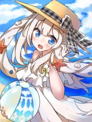 Rule 34 | 1girl, ball, beachball, blue eyes, cloud, day, dress, eyebrows, fate/grand order, fate (series), hat, long hair, looking at viewer, looking to the side, marie antoinette (fate), marie antoinette (fate/grand order), marie antoinette (swimsuit caster) (fate), marie antoinette (swimsuit caster) (second ascension) (fate), ohitashi netsurou, open mouth, outdoors, sand, sky, solo, starfish, water, white dress