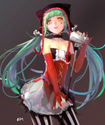 Rule 34 | 1girl, absurdres, cat food (vocaloid), detached sleeves, green hair, hatsune miku, highres, kincora, long hair, microphone, microphone stand, pantyhose, project diva (series), project diva f, skirt, solo, striped clothes, striped pantyhose, twintails, vertical-striped clothes, vertical-striped pantyhose, very long hair, vocaloid, yellow eyes