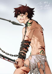 Rule 34 | 1boy, arsh (thestarwish), at knifepoint, bleeding, blood, blood from mouth, blood on arm, blood on face, blood on hands, bodypaint, brown hair, chain, chained, clenched teeth, collar, commission, cowboy shot, cuts, facepaint, green eyes, holding, holding sword, holding weapon, injury, looking at another, low ponytail, male focus, medium hair, metal collar, original, out of frame, polearm, skeb commission, solo, spear, sword, teeth, topless male, torn clothes, weapon, white background
