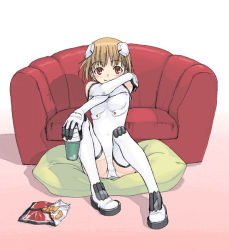 Rule 34 | 00s, 1girl, bare shoulders, blush, boots, breasts, chips (food), couch, covered navel, crossed arms, cup, drink, elbow gloves, food, gloves, gradient background, hand on own shoulder, headgear, holding, indoors, knees up, leotard, light brown hair, light smile, looking at viewer, motionslit, orange eyes, pillow, pilot suit, red upholstery, sakurano otoha, satou atsuki, short hair, sitting, sky girls, small breasts, solo, thigh boots, thighhighs, white footwear, white gloves, white thighhighs