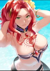 Rule 34 | 1girl, bad id, bad pixiv id, bikini, breasts, cleavage, female focus, flower, green eyes, hair flower, hair ornament, highres, large breasts, long hair, looking at viewer, malty s melromarc, navel, ponytail, red hair, rza game, slave tattoo, smile, solo, swimsuit, tate no yuusha no nariagari, tattoo, water, wet
