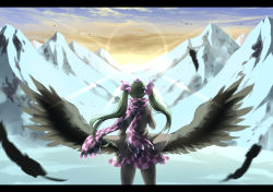 Rule 34 | 1girl, bird, bird wings, black pantyhose, black wings, blue sky, blurry, blurry foreground, brown hair, checkered clothes, checkered scarf, checkered skirt, cloud, day, diffraction spikes, facing away, falling feathers, feathered wings, feathers, from behind, hair ribbon, hat, himekaidou hatate, lens flare, letterboxed, mountain, otomeza ryuseigun, outdoors, pantyhose, purple hat, purple skirt, ribbon, scarf, scenery, skirt, sky, snow, solo, standing, sunrise, tokin hat, touhou, two side up, wide shot, wings, winter