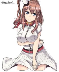 Rule 34 | 10s, 1girl, absurdres, anchor, blue eyes, breast pocket, breasts, brown hair, clothes lift, cowboy shot, dress, hair between eyes, highres, kantai collection, kiritto, large breasts, long hair, looking at viewer, neckerchief, pocket, ponytail, red neckerchief, saratoga (kancolle), side ponytail, sidelocks, simple background, solo, standing, white background, white dress