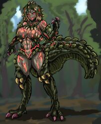 Rule 34 | 1girl, abs, armor, claws, commentary request, dark-skinned female, dark skin, deviljho, dragon girl, forest, green hair, highres, lizard tail, looking at viewer, monster girl, monster hunter (series), multicolored hair, nature, navel, personification, plant, red eyes, sharp teeth, solo, standing, stomach, tail, tattoo, teeth, tongue, tongue out, udetamago