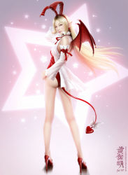 Rule 34 | 1girl, ass, back, bare legs, bat wings, blonde hair, bow, commentary request, demon girl, demon tail, detached sleeves, disgaea, earrings, flonne, flonne (fallen angel), high heels, jewelry, legs, leotard, long hair, mario wibisono, photoshop (medium), pointy ears, realistic, red eyes, red footwear, red leotard, red tail, red wings, ribbon, shoes, solo, standing, tail, tail bow, tail ornament, wings