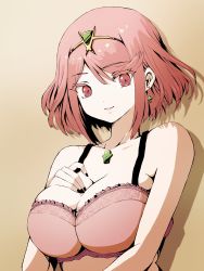 Rule 34 | 1girl, absurdres, bra, breasts, earrings, highres, jewelry, large breasts, lingerie, nail polish, pink bra, pyra (xenoblade), red eyes, red hair, short hair, solo, swept bangs, takumi (user xmwf4727), tiara, underwear, xenoblade chronicles (series), xenoblade chronicles 2