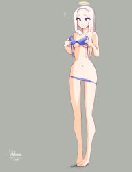 Rule 34 | 1girl, ?, artist name, bare legs, barefoot, blue bra, blue eyes, blue headband, blue panties, bra, unworn bra, breasts, censored, closed mouth, commentary, convenient censoring, english commentary, full body, grey background, halo, hands up, headband, highres, holding, holding bra, holding clothes, holding underwear, little viktoria, long hair, looking at object, medium breasts, navel, censored nipples, original, panties, panty pull, simple background, solo, spoken question mark, topless, underwear, watermark, web address, white hair