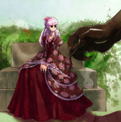 Rule 34 | 1girl, alternate costume, black eyes, dress, drill hair, eyelashes, floral print, flower, ghost, giant, hair flower, hair ornament, jewelry, long dress, long hair, looking to the side, necklace, one piece, perona, pink hair, quad drills, red dress, sitting, smile, solo focus, yangpuppy