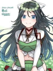 Rule 34 | 1girl, armor, asymmetrical clothes, black hair, blue eyes, bobokuboboku, commentary request, gloves, hair ribbon, head wreath, kantai collection, katsuragi (kancolle), long hair, looking at viewer, midriff, muneate, one-hour drawing challenge, pleated skirt, ponytail, ribbon, single glove, sitting, skirt, smile, solo, wariza, white ribbon, white skirt