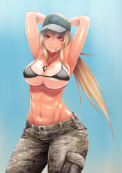 Rule 34 | 1girl, abs, american flag, arms up, bikini, black bikini, blonde hair, breasts, camouflage, camouflage pants, cigarette, dog tags, grin, hat, highres, long hair, military hat, navel, onibi (foxhound4185), original, pants, red eyes, smile, smoking, swimsuit, tan, toned