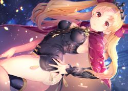 Rule 34 | 1girl, absurdres, ass, asymmetrical legwear, asymmetrical sleeves, between breasts, black dress, black thighhighs, blonde hair, blush, bow, breasts, cape, crown, dress, earrings, ereshkigal (fate), fate/grand order, fate (series), hand on own hip, highres, hoop earrings, jewelry, kirushi (killcy), long hair, looking at viewer, medium breasts, purple bow, red cape, red eyes, red ribbon, ribbon, single sleeve, single thighhigh, skull, solo, spine, thighhighs, tohsaka rin, two side up, uneven legwear, uneven sleeves