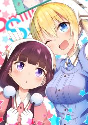 Rule 34 | 2girls, ;d, blend s, blonde hair, blue eyes, blue shirt, blunt bangs, blurry, blush, breasts, brown hair, bunny ears prank, clenched hands, collared shirt, depth of field, gloves, hair between eyes, head scarf, hinata kaho, long hair, looking up, low twintails, medium breasts, multiple girls, one eye closed, open mouth, pink shirt, pom pom (clothes), purple eyes, sakuranomiya maika, selfie, shirt, smile, star (symbol), starry background, sylphine, twintails, v, waitress, white background, white gloves, wing collar