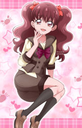 Rule 34 | 1girl, black socks, blouse, bow, bowtie, brown eyes, brown footwear, brown sailor collar, brown shorts, brown vest, collared vest, dated, floating, hair bow, hand to own mouth, hanzou, heart, highres, kanie (precure), kneehighs, loafers, long sleeves, pink background, precure, purple bow, purple bowtie, red bow, red hair, sailor collar, school uniform, second wangan school uniform, shirt, shoes, shorts, socks, solo, twintails, twitter username, vest, white shirt, wonderful precure!