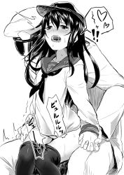 Rule 34 | 10s, 1boy, 1girl, admiral (kancolle), akatsuki (kancolle), black hair, black pantyhose, blush, clothes pull, flat cap, girl on top, greyscale, hat, implied sex, interlocked fingers, kantai collection, long hair, military, military uniform, monochrome, nathaniel pennel, naval uniform, open mouth, orgasm, pantyhose, pantyhose pull, pennel, personification, school uniform, serafuku, sitting, sitting on lap, sitting on person, trembling, uniform