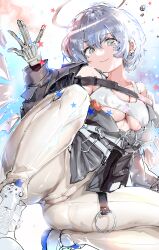 Rule 34 | 1girl, absurdres, arknights, breasts, closed mouth, collarbone, detached wings, gloves, grey eyes, grey hair, halo, highres, large breasts, looking at viewer, pants, shoes, short hair, smile, sneakers, solo, spuria (arknights), sweat, tekona0, tight clothes, tight pants, white footwear, white gloves, white pants, wings