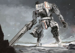 Rule 34 | 1other, absurdres, gun, highres, holding, holding gun, holding weapon, mecha, mecha focus, missile pod, open hand, original, robot, science fiction, snow, snowing, solo focus, standing, su wang, weapon