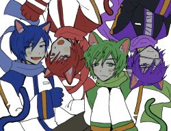 Rule 34 | 4boys, akaito, animal ears, animal hands, bandaged head, bandages, black coat, blue eyes, blue hair, blue scarf, blush stickers, brothers, cat boy, cat ears, cat tail, coat, commentary, eyepatch, fang, fuyuno (ramentaro23), green eyes, green hair, hand up, hands up, highres, kaito (vocaloid), kemonomimi mode, lineup, looking at viewer, looking to the side, male focus, multicolored coat, multiple boys, muted color, nigaito, open mouth, own hands together, purple eyes, purple hair, purple scarf, red eyes, red hair, red scarf, rotational symmetry, scarf, short hair, siblings, simple background, skin fang, sleeve cuffs, sweatdrop, tail, taito (vocaloid), upper body, very long sleeves, vocaloid, white background, white coat