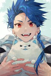 Rule 34 | 1boy, absurdres, animal, asymmetrical bangs, blue hair, braid, braided ponytail, capelet, child, cu chulainn (fate), dog, earrings, fangs, fate/grand order, fate (series), highres, holding, hood, hooded capelet, jewelry, kajijii, long hair, looking at viewer, male focus, portrait, puppy, red eyes, samoyed (dog), setanta (fate), smile, solo, spiked hair, twitter username, white dog