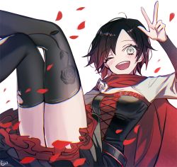 Rule 34 | 1girl, :d, ;d, black dress, black hair, black thighhighs, blush, breasts, cape, cleavage, dress, ecru, floral print, grey eyes, layered dress, looking at viewer, medium breasts, one eye closed, open mouth, parted bangs, petals, pinafore dress, print thighhighs, red cape, rose petals, ruby rose, rwby, short dress, short hair, shrug (clothing), signature, sleeveless, sleeveless dress, smile, solo, strapless, strapless dress, thighhighs, torn clothes, torn thighhighs, w, white sleeves