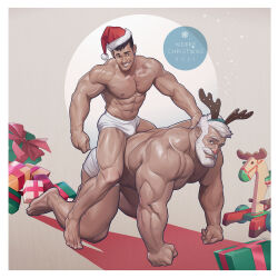 Rule 34 | 2021, 2boys, all fours, animal costume, antlers, bara, beard, box, briefs, bulge, christmas, couple, facial hair, full beard, gift, gift box, hat, highres, horns, human chair, human furniture, large pectorals, male focus, male underwear, mature male, multiple boys, muscular, muscular male, muscular uke, mustache stubble, original, pectorals, red headwear, red nose, reindeer antlers, reindeer costume, santa costume, santa hat, short hair, silverjow, sitting, sitting on person, size difference, stubble, thick beard, thick eyebrows, thick thighs, thighs, topless male, ulric (silverjow), underwear, wei (silverjow), yaoi