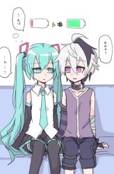 Rule 34 | 2girls, android, aqua eyes, aqua hair, aqua necktie, arm warmers, bandaged arm, bandages, bare shoulders, battery indicator, belt collar, black skirt, black sleeves, black thighhighs, collar, commentary, couch, detached sleeves, dot mouth, feet out of frame, fingerless gloves, flower (vocaloid), flower (vocaloid4), gloves, good morning, hair ornament, half-closed eyes, hatsune miku, hatsune miku (vocaloid4), highres, light smile, lightning bolt symbol, long hair, looking at another, miniskirt, miri (miri 1m), multicolored hair, multiple girls, necktie, parted lips, pleated skirt, purple gloves, purple hair, purple shirt, purple shorts, shirt, short hair, shorts, single arm warmer, sitting, skirt, sleeveless, sleeveless shirt, speech bubble, streaked hair, striped arm warmers, thighhighs, translated, twintails, v4x, very long hair, vocaloid, white hair, white shirt, zettai ryouiki