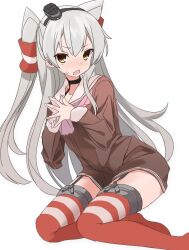 Rule 34 | 1girl, absurdres, amatsukaze (kancolle), blush, brown dress, cosgaso, dress, fang, full body, grey hair, hat, highres, kantai collection, long hair, long sleeves, looking at viewer, mini hat, neckerchief, open mouth, pink neckerchief, red thighhighs, sailor collar, sailor dress, simple background, sitting, skin fang, steepled fingers, thighhighs, two side up, white background, white sailor collar, yellow eyes, yokozuwari