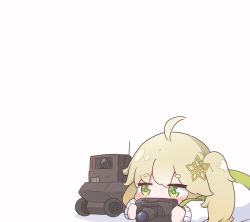 Rule 34 | 1girl, ahoge, arknights, blonde hair, blush, camera, chibi, green eyes, hair ornament, holding, holding camera, jacket, kurotofu, lens (arknights), lying, on stomach, robot, scene (arknights), short hair, simple background, thick eyebrows, white background, white jacket