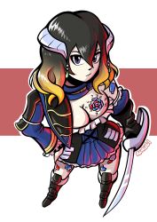 Rule 34 | 1girl, absurdres, black hair, bloodstained: ritual of the night, blue eyes, breasts, cleavage, detached sleeves, dress, gradient hair, hair ornament, highres, jewelry, large breasts, miriam (bloodstained), multicolored hair, solo, sword, tattoo, weapon