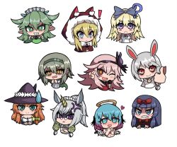 Rule 34 | !, 1boy, 6+girls, ;d, ?, alice (black souls), anger vein, animal ear hood, animal ears, aqua eyes, bill (black souls), black souls, blonde hair, blue eyes, blue hair, bow, bowtie, breasts, bright pupils, chibi, cleavage, clenched teeth, clock, clock necklace, cross-shaped pupils, crossed arms, dorothy (black souls), fake animal ears, fake halo, fur-trimmed hood, fur trim, glasses, gradient hair, green eyes, green hair, green hairband, green tail, grey hair, grin, hair between eyes, hair bow, hairband, halo, hat, heart, heart-shaped pupils, highres, holding, holding microphone, hood, hood up, horns, horse ears, horse girl, koshou shou mitsu, leaf (black souls), light blue hair, lingeriena (black souls), lizard tail, long hair, mabel (black souls), maid headdress, microphone, multicolored hair, multiple girls, node (black souls), one eye closed, open mouth, orange hair, own hands together, pince-nez, pink hair, pointy ears, prickett (black souls), purple hair, purple hairband, purple headwear, rabbit ears, rabbit girl, red bow, red bowtie, red eyes, red hood (black souls), sharp teeth, short hair, simple background, single horn, smile, sweatdrop, symbol-shaped pupils, tail, tears, teeth, thumbs up, unicorn girl, unis (black souls), v-shaped eyebrows, white background, white pupils, witch hat, x navel, yellow eyes, yellow horns