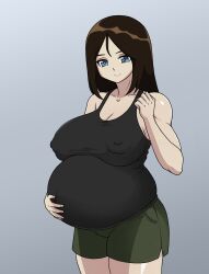 Rule 34 | 1girl, black hair, black tank top, blue background, blue eyes, blush, breasts, cleavage, closed mouth, collarbone, covered navel, fungus-man, girls und panzer, green shorts, highres, large breasts, long hair, no bra, nonna (girls und panzer), pregnant, shorts, simple background, smile, solo, tank top