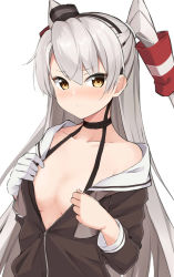 Rule 34 | 1girl, amatsukaze (kancolle), black choker, breasts, brown dress, brown eyes, choker, commentary request, dress, gloves, hair tubes, kantai collection, kohakope, long hair, looking at viewer, open clothes, sailor collar, sailor dress, simple background, single glove, small breasts, solo, two side up, upper body, white background, white gloves, white sailor collar