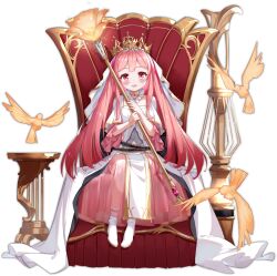 Rule 34 | 1girl, :d, ark order, artist request, belt, bird, black belt, blush, boots, crown, detached collar, dress, forseti (ark order), full body, holding, holding staff, jewelry, long hair, looking at viewer, necklace, official art, open mouth, pink eyes, pink hair, pink skirt, see-through, see-through skirt, sitting, skirt, smile, solo, staff, throne, transparent background, veil, very long hair, white dress, white footwear