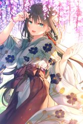 Rule 34 | 1girl, :d, arm up, backlighting, black hair, blurry, blurry background, blush, bow, brown bow, brown hakama, commentary request, depth of field, earrings, floral print, flower, green eyes, hair between eyes, hakama, hakama skirt, highres, japanese clothes, jewelry, kimono, long hair, long sleeves, looking at viewer, official art, open mouth, original, pink flower, print kimono, skirt, smile, solo, striped, stud earrings, toosaka asagi, vertical stripes, very long hair, wide sleeves
