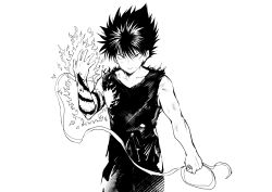 Rule 34 | 1boy, arm tattoo, bandages, bare shoulders, colored skin, dragon tattoo, fingernails, greyscale, hair between eyes, hiei, highres, holding bandages, ikuchan kaoru, male focus, monochrome, multicolored skin, open hand, parted lips, simple background, smile, solo, spiked hair, tattoo, third eye, torn, torn clothes, white background, yuu yuu hakusho
