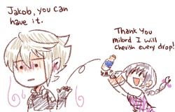 Rule 34 | 1koma, 2boys, bottle, braid, catching, comic, corrin (fire emblem), corrin (male) (fire emblem), corrin (male) (fire emblem), english text, fire emblem, fire emblem fates, jakob (fire emblem), kataro, limited palette, lowres, male focus, motion lines, multiple boys, nintendo, open mouth, ponytail, simple background, sketch, smile, white background
