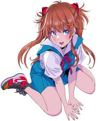 Rule 34 | 1girl, absurdres, arm support, blue eyes, blush, bow, bowtie, commentary request, fingernails, full body, hair ornament, highres, neon genesis evangelion, open mouth, orange hair, school uniform, shoes, short sleeves, simple background, sitting, smile, sneakers, solo, souryuu asuka langley, tokyo-3 middle school uniform, wariza, white background, yamashita shun&#039;ya