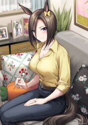 Rule 34 | 1girl, air groove (umamusume), animal ears, belt, black belt, blue eyes, blue pants, blush, bob cut, bow, breasts, brown hair, carrot-shaped pillow, chest of drawers, cleavage, collarbone, collared shirt, commentary request, copyright name, couch, cover, cover image, curtains, ear bow, floral print, hand on lap, highres, holding, horse ears, horse girl, horse tail, indoors, jewelry, kuguri oimo, large breasts, mimikaki, necklace, on couch, pants, photo (object), picture frame, pillow, print pillow, ring, shirt, short hair, signature, sitting, solo, swept bangs, tail, textless version, twitter username, umamusume, wedding photo, wedding ring, window, yellow bow, yellow shirt