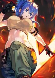 Rule 34 | 1girl, bare shoulders, belt, blue eyes, blue hair, breasts, brown gloves, camouflage, camouflage pants, cleavage, collarbone, dog tags, earrings, fire, gloves, green pants, hair between eyes, highres, jewelry, large breasts, leona heidern, long hair, looking down, midriff, navel, open mouth, otsudou, pants, parted lips, ponytail, solo, stomach, tank top, the king of fighters, the king of fighters xv
