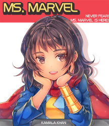 Rule 34 | 1girl, animification, anubis0055, bad id, bad pixiv id, brown eyes, brown hair, character name, dark-skinned female, dark skin, english text, head rest, kamala khan, marvel, ms. marvel, open mouth, scarf, smile, solo, superhero costume, upper body