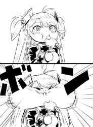 Rule 34 | 1girl, antenna hair, azur lane, comic, commentary request, cross, eating, food, greyscale, iron cross, ishii hisao, long hair, looking at viewer, monochrome, prinz eugen (azur lane), silent comic, solo, tempura, torpedo, two side up